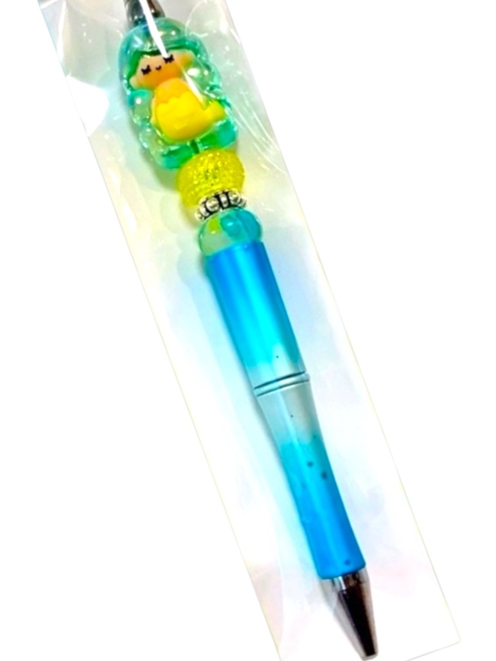 Cute Baby Mermaid Topper Blue & Yellow Gradient Beaded Pen